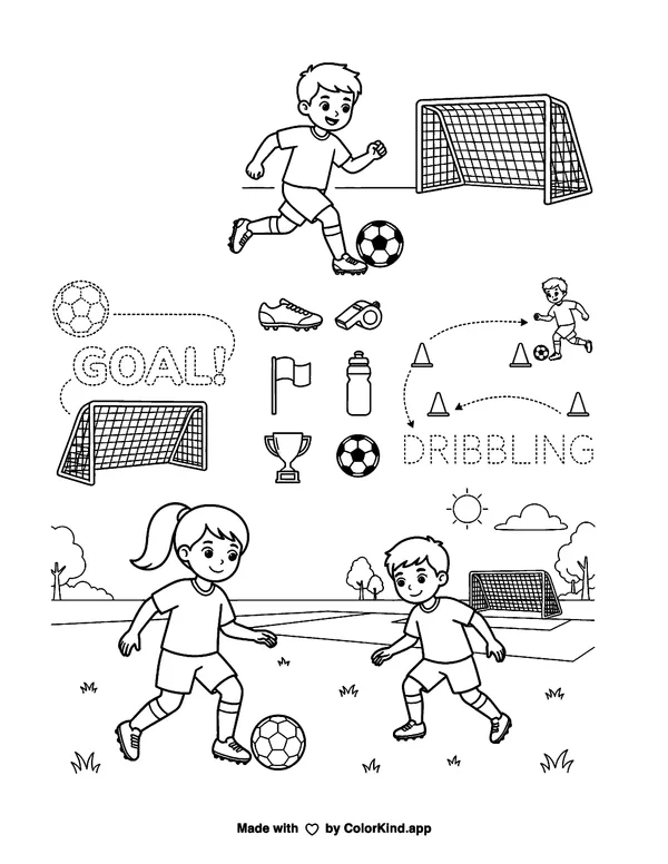Children Playing Soccer as clean black-and-white printable line art made by ColorKind
