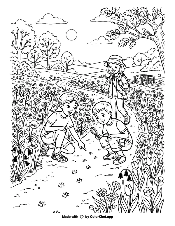 Children exploring a flower meadow as clean black-and-white printable line art made by ColorKind