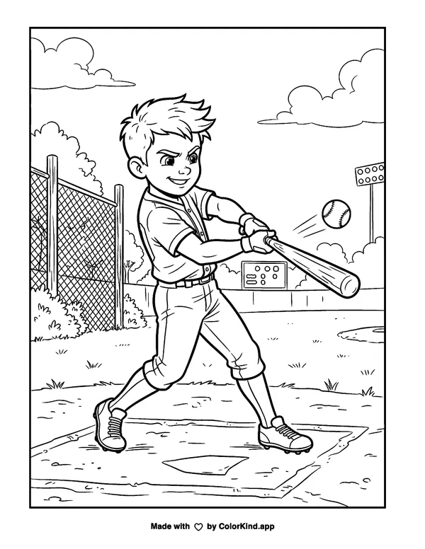 Boy playing baseball as clean black-and-white printable line art made by ColorKind