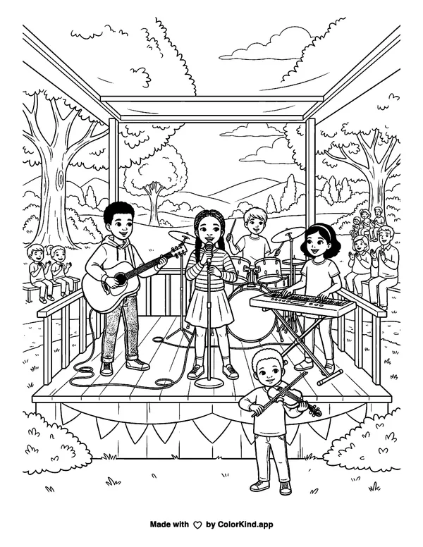 Children Performing Music in a Park as clean black-and-white printable line art made by ColorKind
