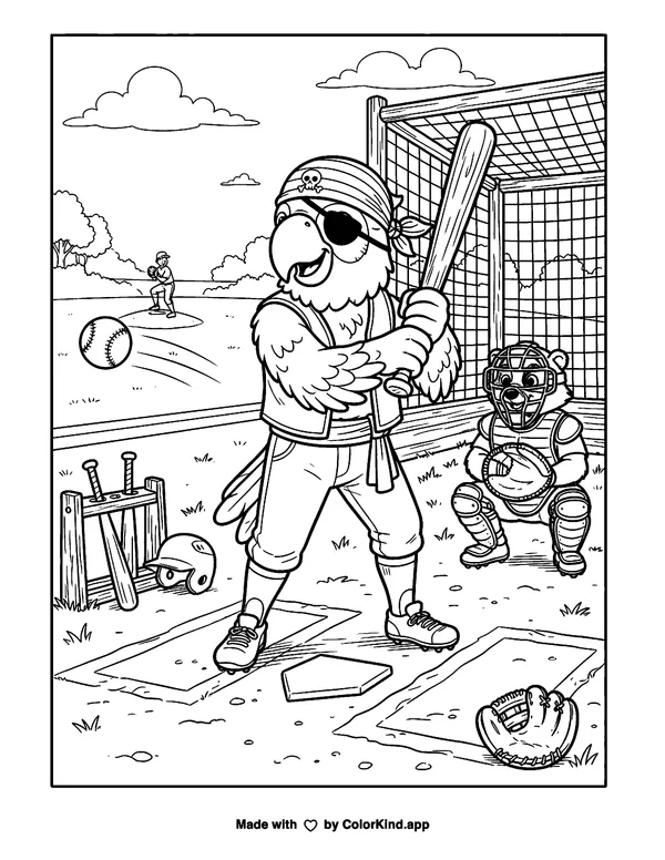 Parrot Pirate Batter at Home Plate as clean black-and-white printable line art made by ColorKind