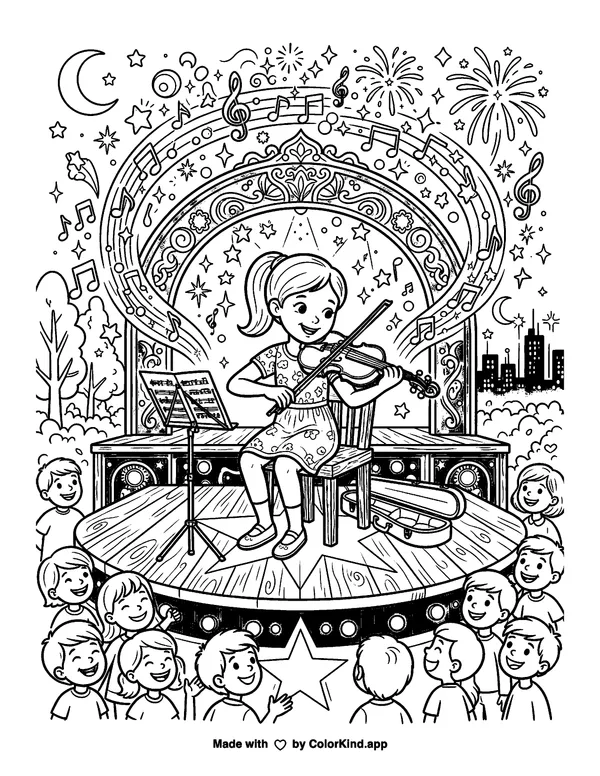 Young musicians playing an outdoor concert, scene 16 as clean black-and-white printable line art made by ColorKind