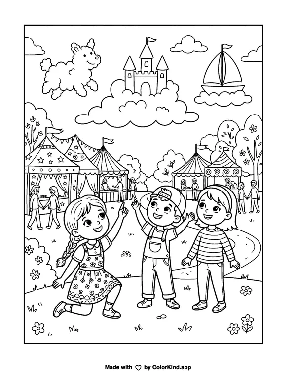 Children at a Fair as clean black-and-white printable line art made by ColorKind