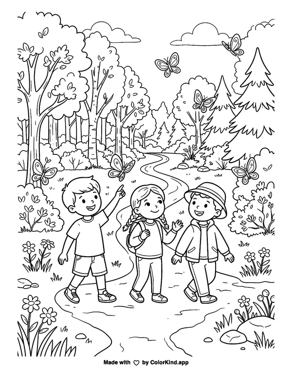 Three children hiking in the forest as clean black-and-white printable line art made by ColorKind