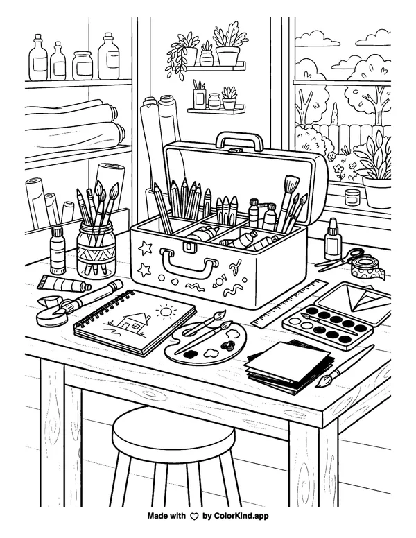 Artist's Desk with Supplies as clean black-and-white printable line art made by ColorKind