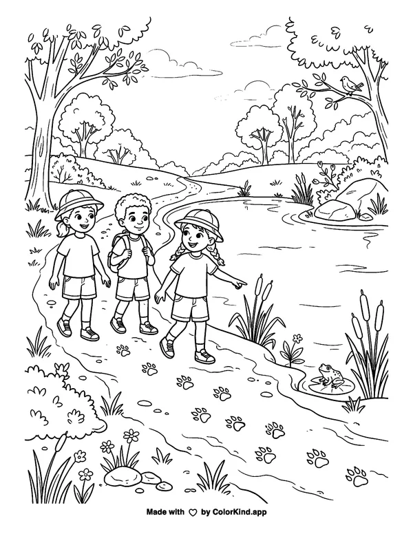 Children hiking by a pond as clean black-and-white printable line art made by ColorKind