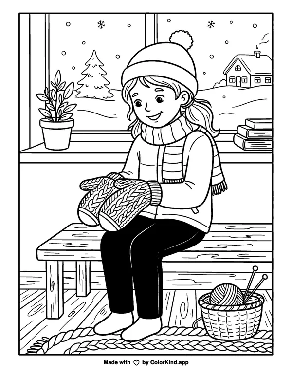Girl with Mittens by the Window as clean black-and-white printable line art made by ColorKind