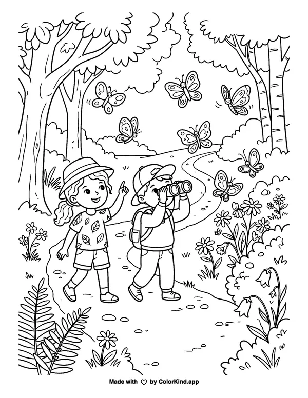 Children exploring the forest with butterflies as clean black-and-white printable line art made by ColorKind