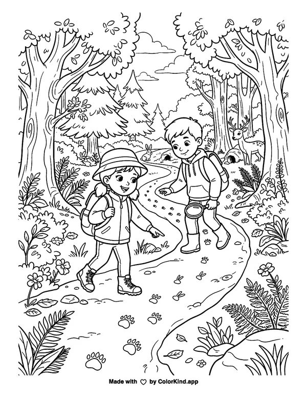 Children Tracking Animals in the Forest as clean black-and-white printable line art made by ColorKind