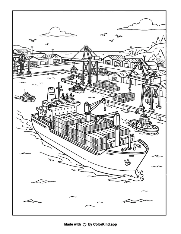 A cargo ship arriving at a busy harbor as clean black-and-white printable line art made by ColorKind