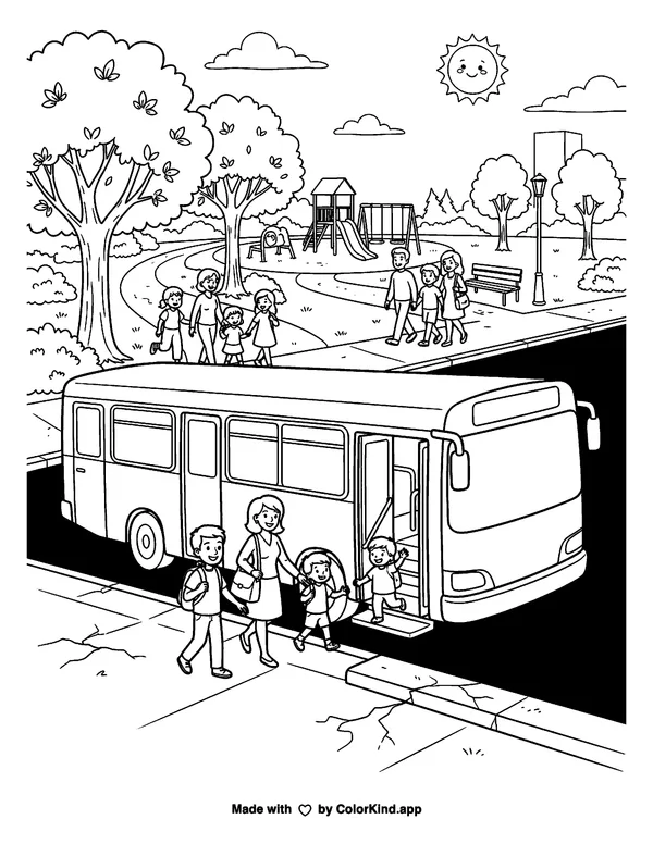 A city bus bringing families to a park as clean black-and-white printable line art made by ColorKind