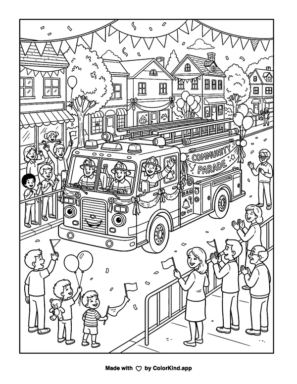 A friendly fire truck joining a community parade, scene 2 as clean black-and-white printable line art made by ColorKind