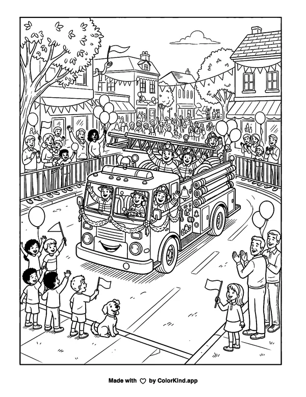 A friendly fire truck joining a community parade as clean black-and-white printable line art made by ColorKind