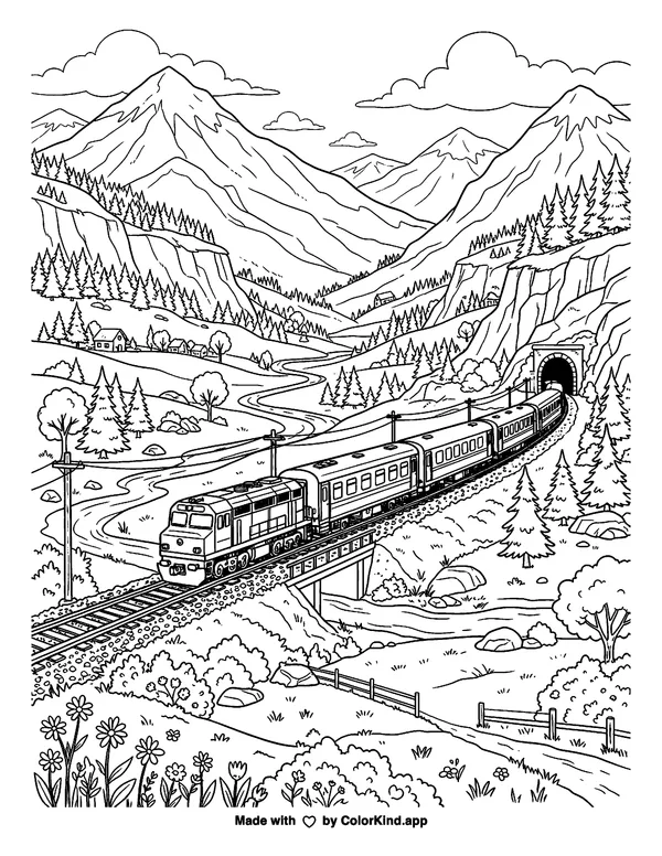 A passenger train traveling through a mountain valley as clean black-and-white printable line art made by ColorKind