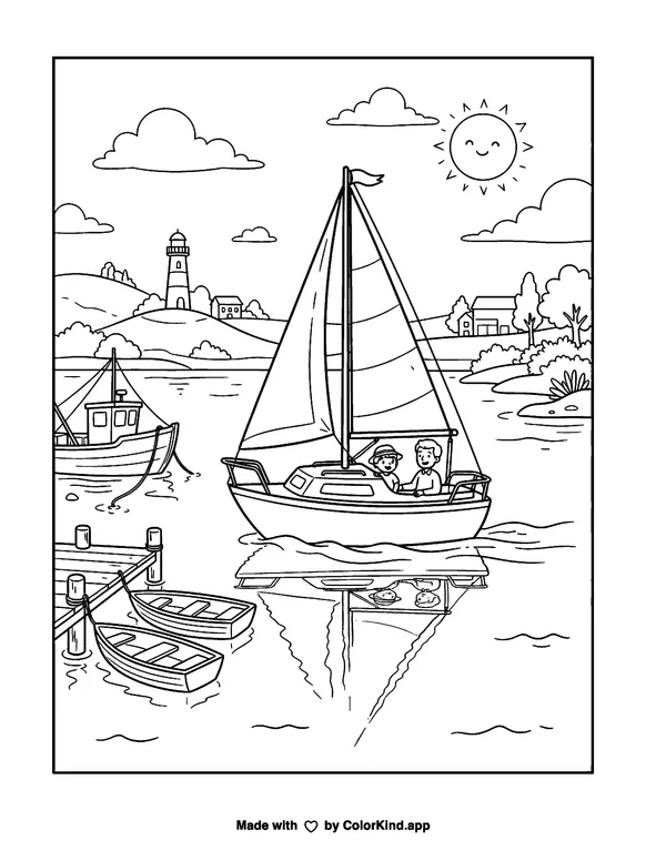 A small sailboat crossing a peaceful harbor as clean black-and-white printable line art made by ColorKind