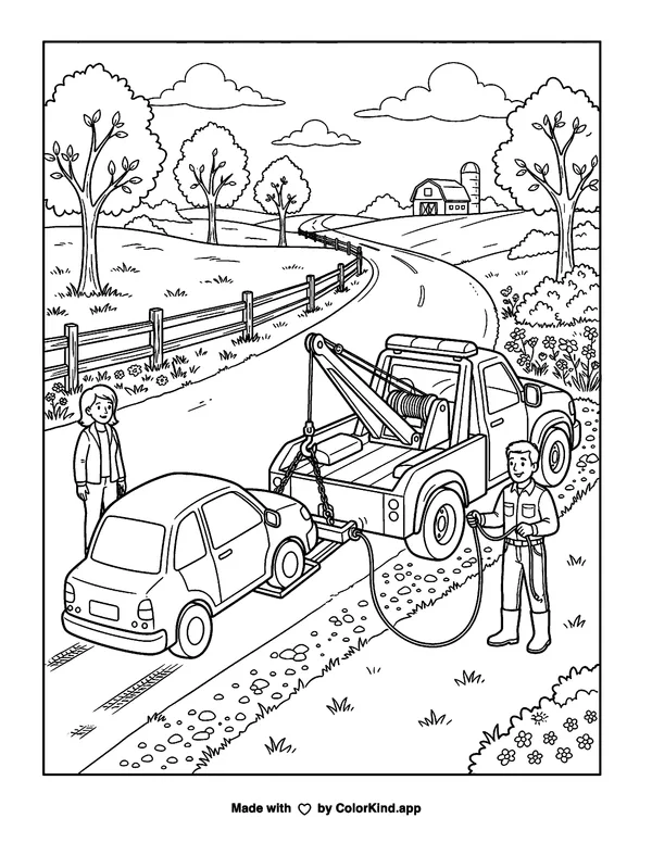 A tow truck helping a car beside a country road as clean black-and-white printable line art made by ColorKind