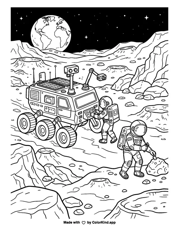 An original space rover exploring a rocky moon as clean black-and-white printable line art made by ColorKind