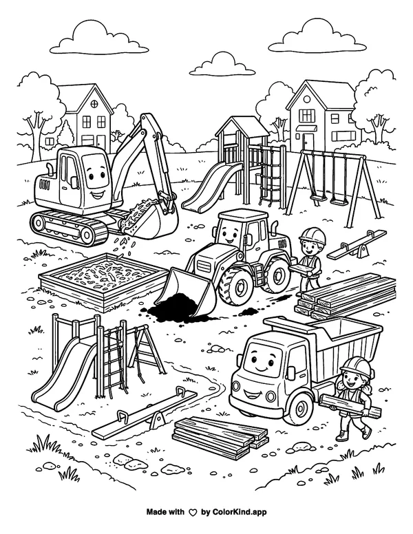 Construction vehicles building a neighborhood playground, scene 4 as clean black-and-white printable line art made by ColorKind