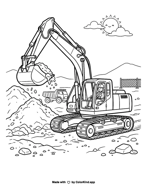 Excavator Construction as clean black-and-white printable line art made by ColorKind