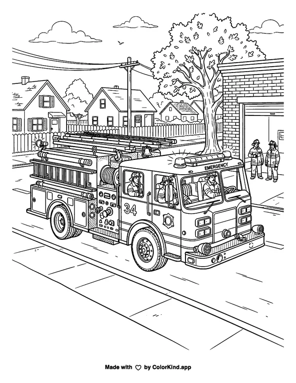 Fire Truck as clean black-and-white printable line art made by ColorKind