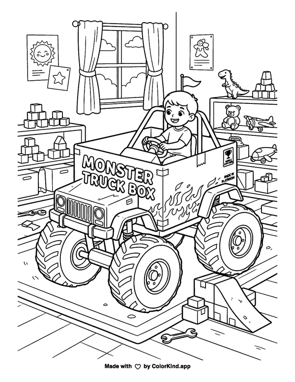 Monster Truck Box as clean black-and-white printable line art made by ColorKind