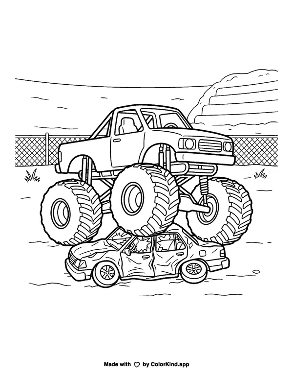Monster Truck Crushing a Car as clean black-and-white printable line art made by ColorKind