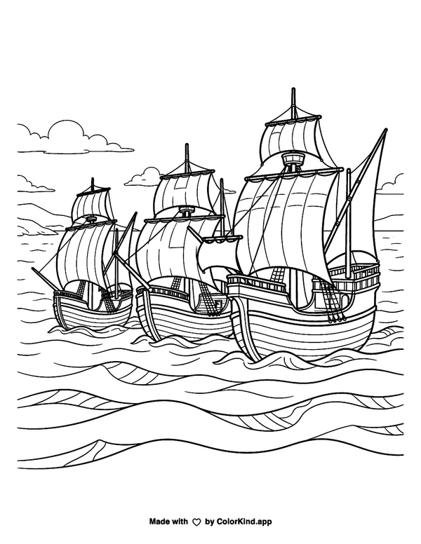 Nina, Pinta, and Santa Maria as clean black-and-white printable line art made by ColorKind