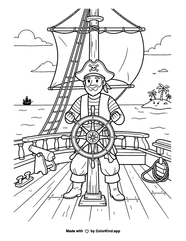 Pirate at the Helm as clean black-and-white printable line art made by ColorKind