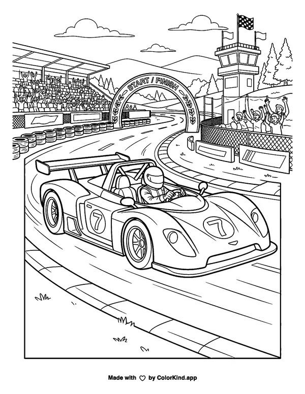 Race Car as clean black-and-white printable line art made by ColorKind