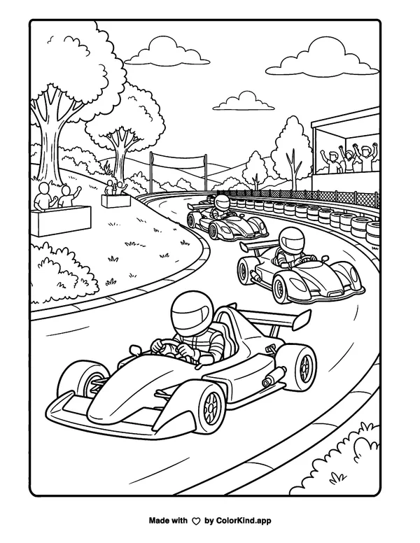 Racing as clean black-and-white printable line art made by ColorKind