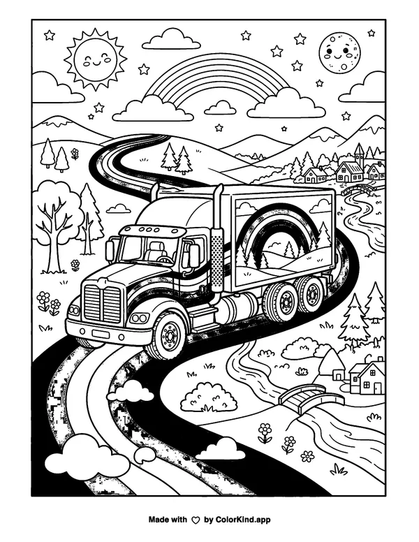 Rainbow Road Truck as clean black-and-white printable line art made by ColorKind