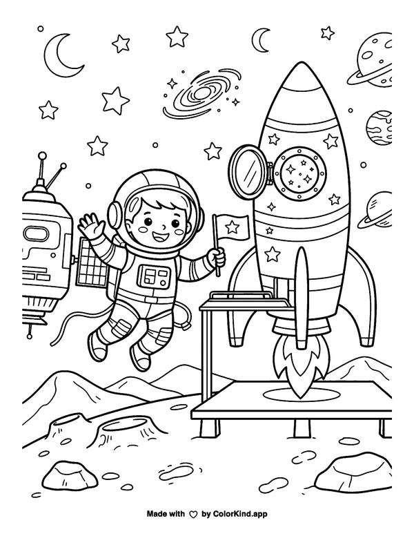 Rocket Space Adventure as clean black-and-white printable line art made by ColorKind
