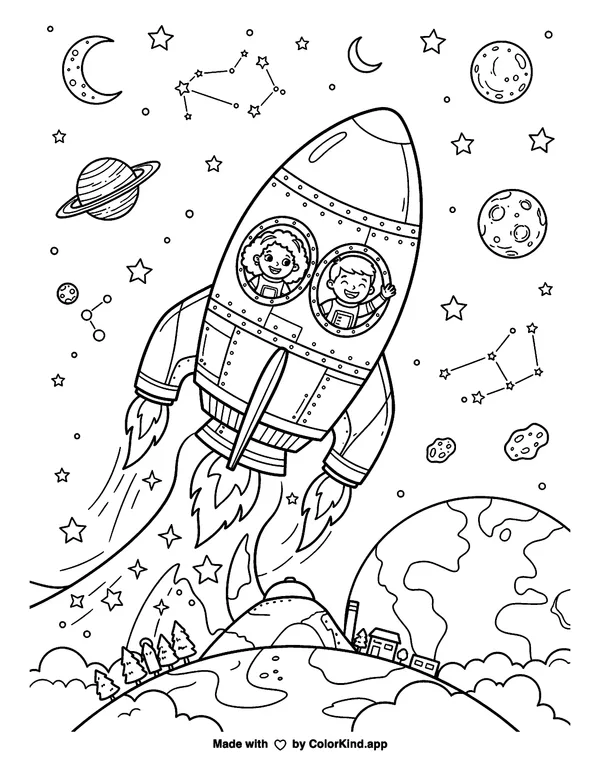 Rocketship Ride as clean black-and-white printable line art made by ColorKind
