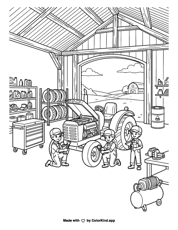 Tractor Pit Stop as clean black-and-white printable line art made by ColorKind