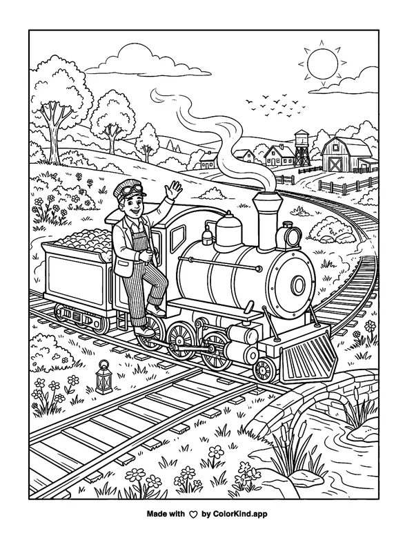Train and Engineer as clean black-and-white printable line art made by ColorKind