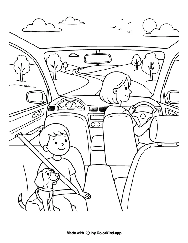 Traveling In A Car as clean black-and-white printable line art made by ColorKind